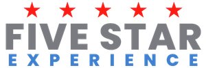Text that reads "Five Star Experience" with five red stars positioned above it.