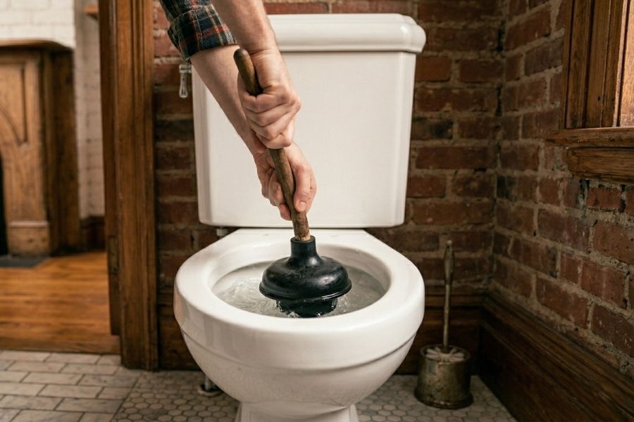 A close-up of a person’s hands using a black plunger to clear a clog in a white porcelain toilet.