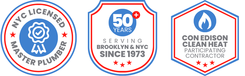 Three service badges: "NYC Licensed Master Plumber," "50+ Years Serving Brooklyn & NYC Since 1973," and "Con Edison Clean Heat Participating Contractor."