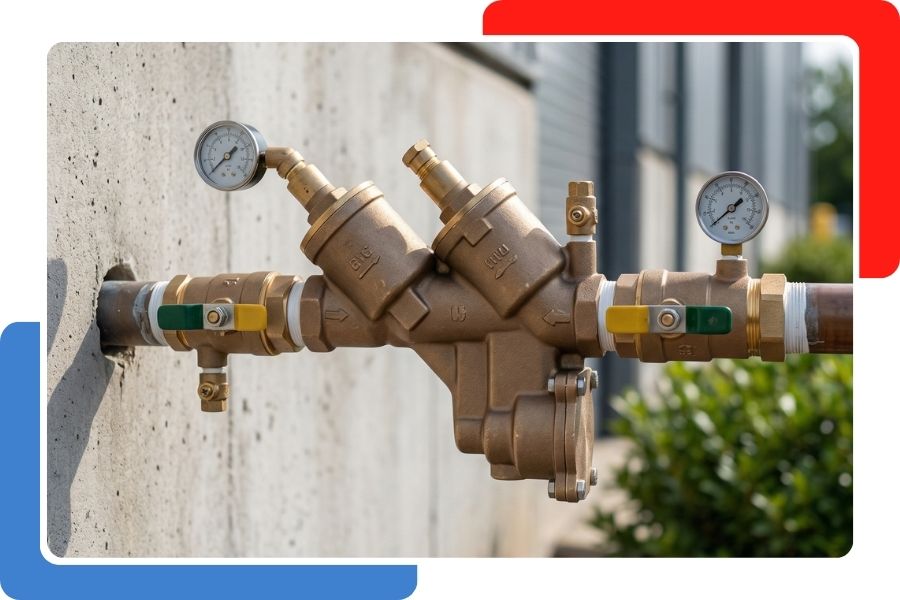 A brass backflow preventer assembly with two pressure gauges and yellow-handled valves installed on an exterior concrete wall.