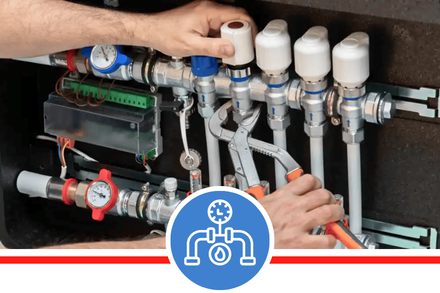 A technician using a wrench to adjust silver pipes and valves on a complex mechanical manifold system.