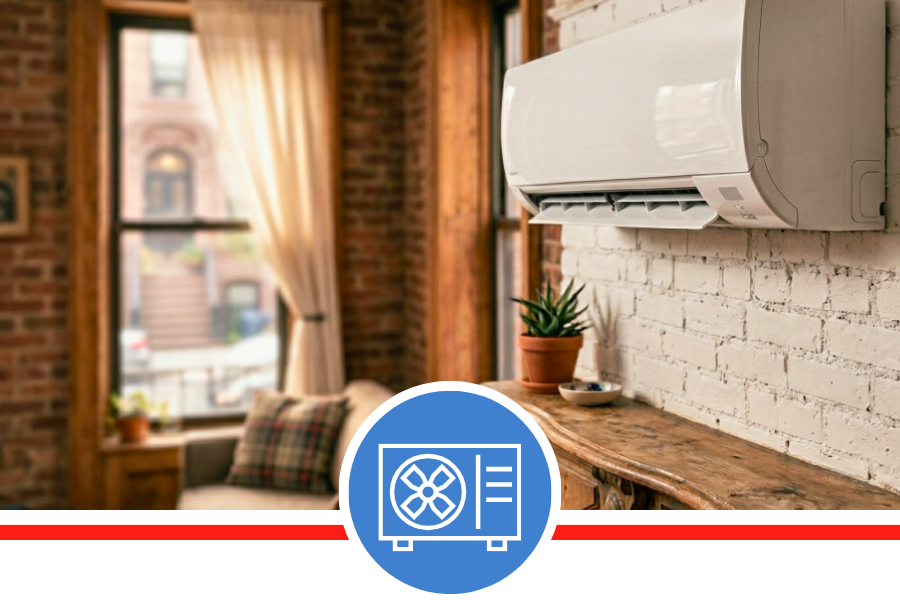A white ductless mini-split air conditioner mounted on a white brick wall in a room with large windows and exposed brick.