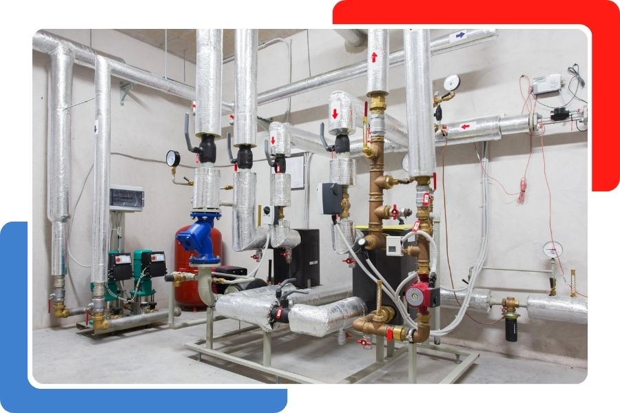 An industrial mechanical room featuring rows of vertical pipes wrapped in silver insulation with pressure gauges and control valves.